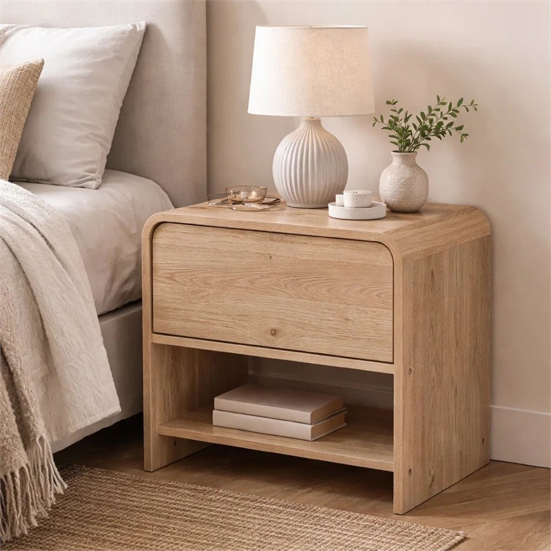 Maria Bedside Table Nightstand- 2 Drawers- Natural Beige Waterfall Edges