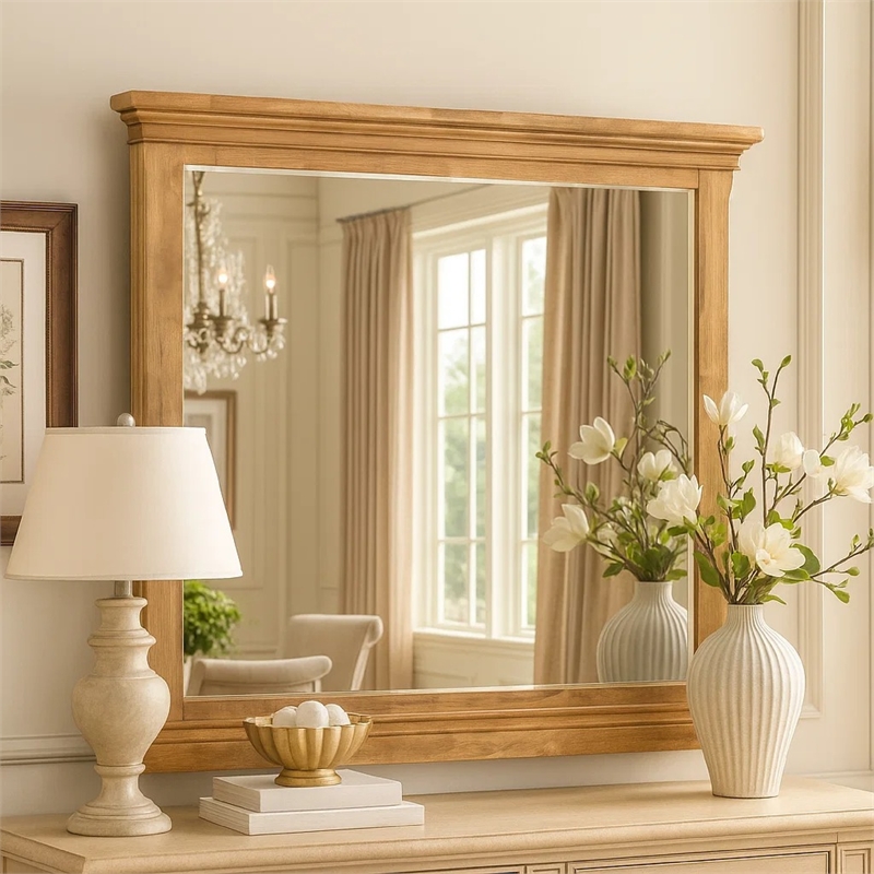 Seny Dresser Mirror- Crown Molding- Honey Brown Rubberwood- 33x48