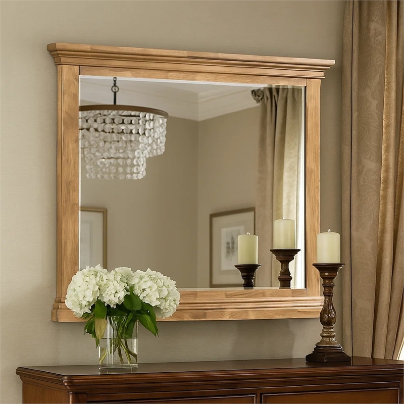 Seny Dresser Mirror- Crown Molding- Honey Brown Rubberwood- 33x48