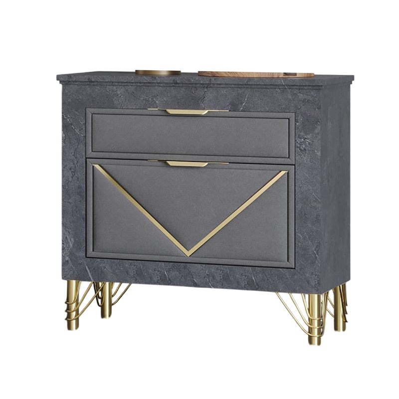 Semy Nightstand- 2 Gold Accented Drawers- Gray Marble Laminate