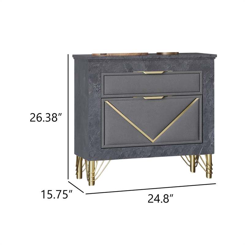 Semy Nightstand- 2 Gold Accented Drawers- Gray Marble Laminate