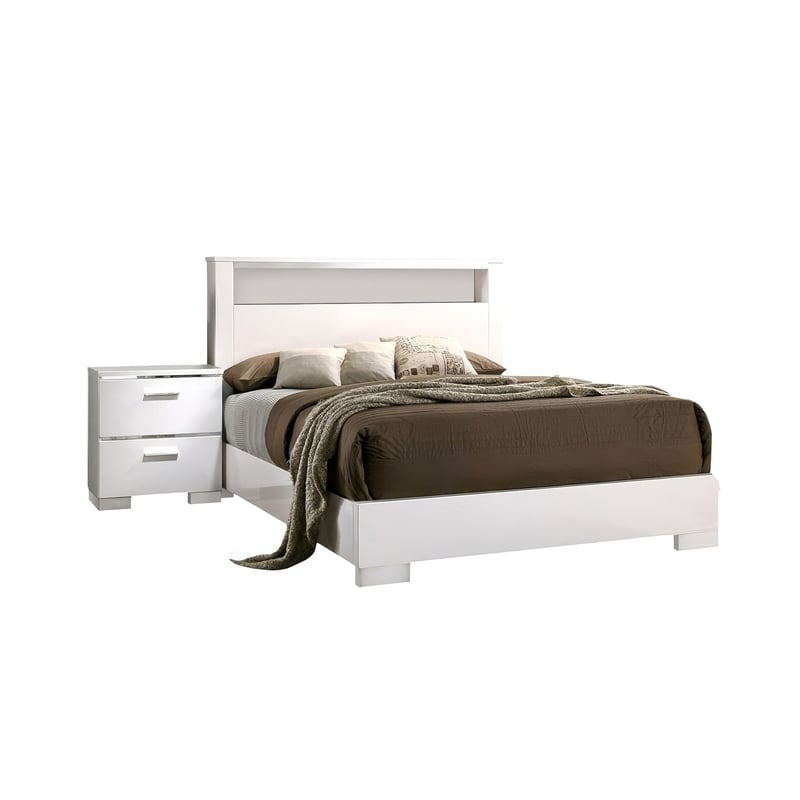 Aman 4pc Queen Bedroom Set- LED Headboard with Shelf- White Wood