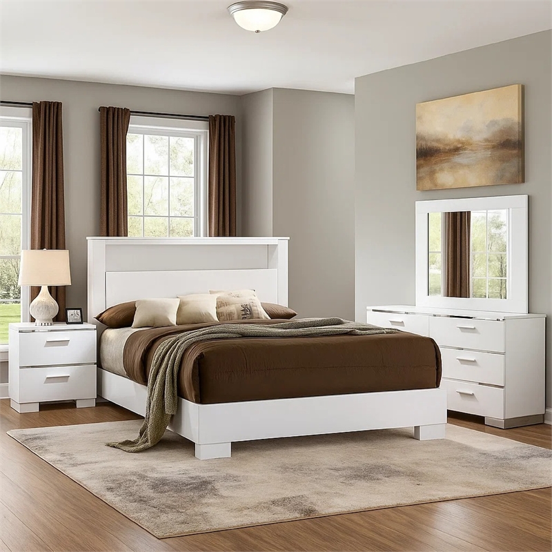 Aman 4pc Queen Bedroom Set- LED Headboard with Shelf- White Wood