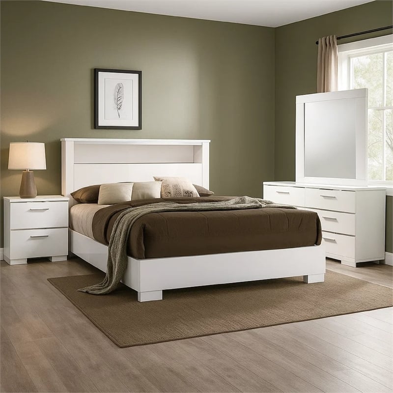 Aman 4pc Queen Bedroom Set- LED Headboard with Shelf- White Wood