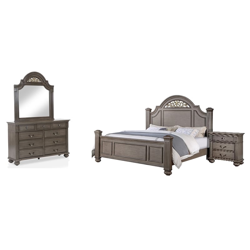 Recus 4pc Queen Bedroom Set with Carved Floral Details- Gray Wood
