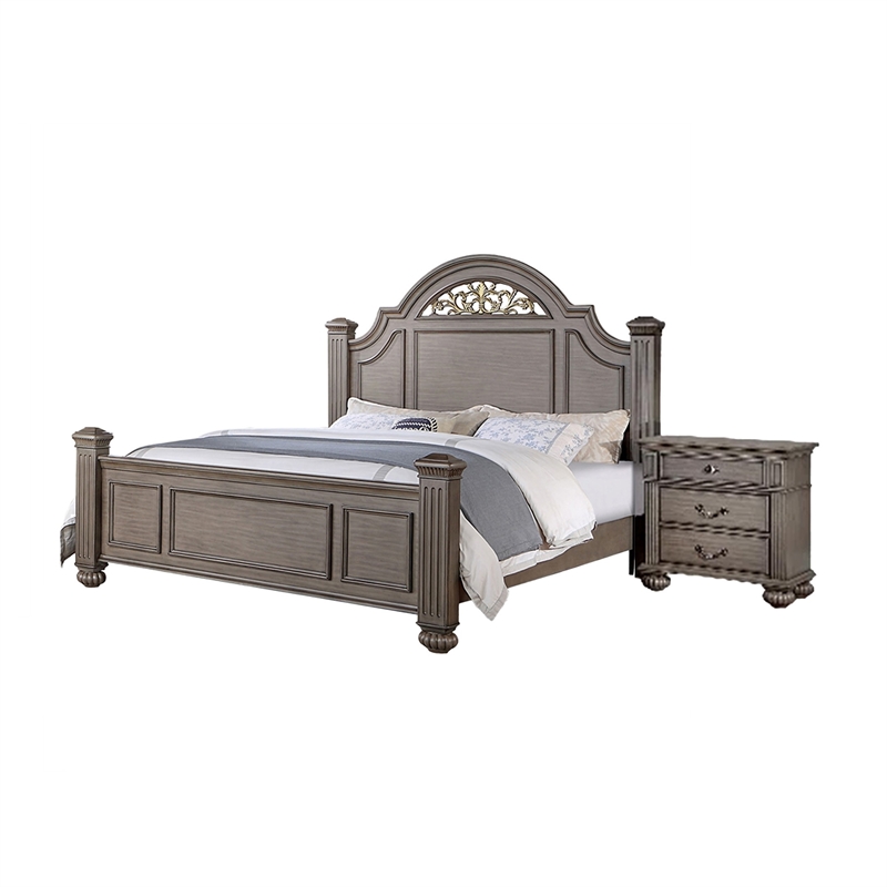 Recus 4pc Queen Bedroom Set with Carved Floral Details- Gray Wood