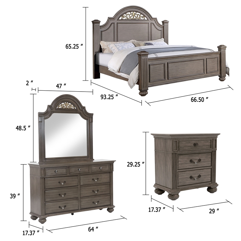 Recus 4pc Queen Bedroom Set with Carved Floral Details- Gray Wood