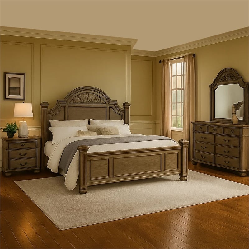 Recus 4pc Queen Bedroom Set with Carved Floral Details- Gray Wood