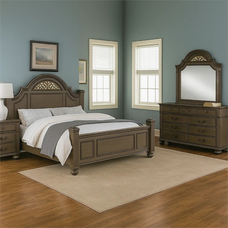Recus 4pc Queen Bedroom Set with Carved Floral Details- Gray Wood