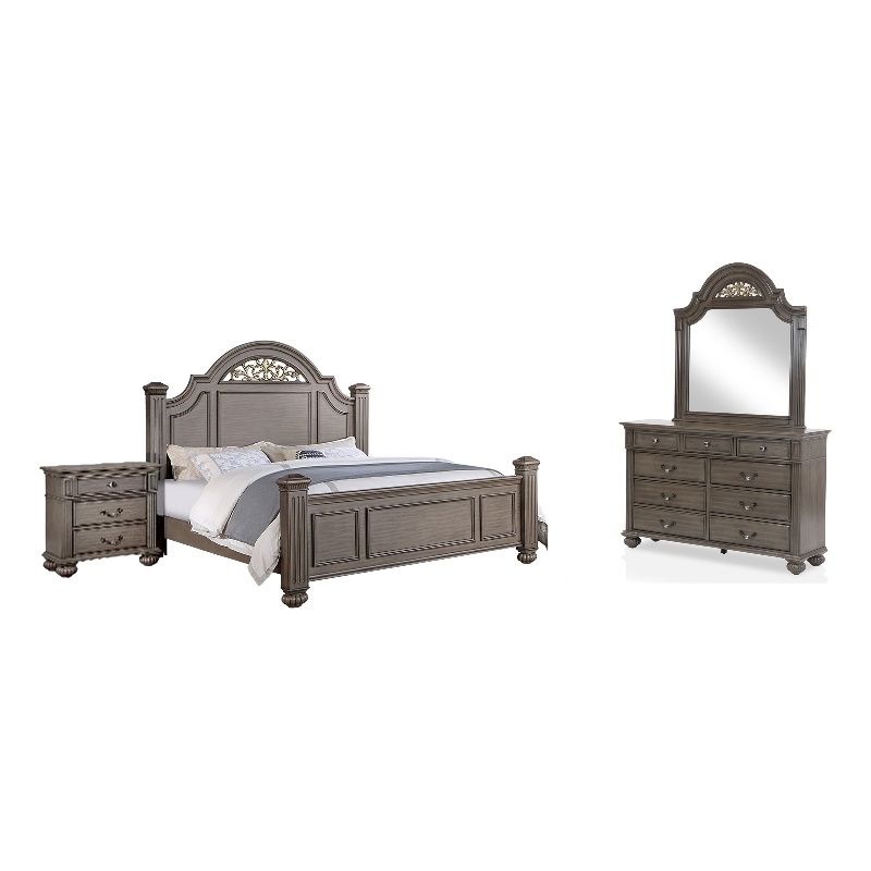 Recus 4pc Queen Bedroom Set with Carved Floral Details- Gray Wood