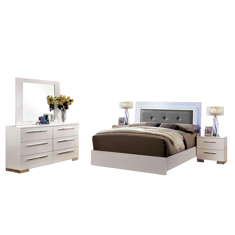 Gely 5pc Queen Bedroom Set- 2 Nightstands- Button Tufted- LED- Glossy White