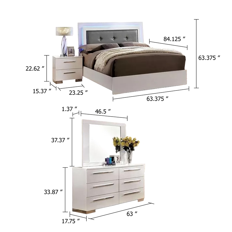 Gely 5pc Queen Bedroom Set- 2 Nightstands- Button Tufted- LED- Glossy White
