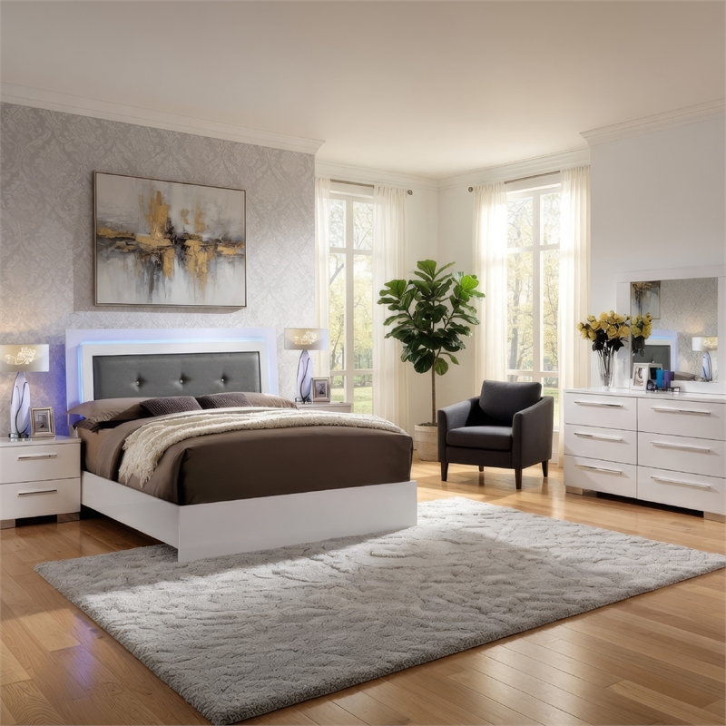 Gely 5pc Queen Bedroom Set- 2 Nightstands- Button Tufted- LED- Glossy White