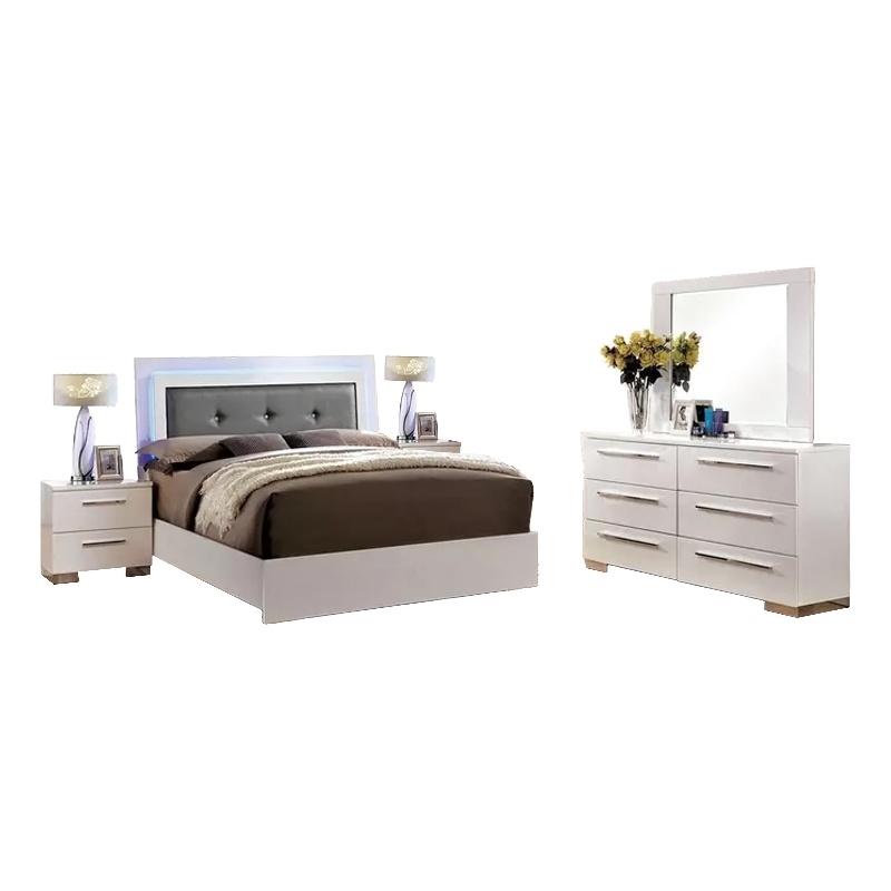 Gely 5pc Queen Bedroom Set- 2 Nightstands- Button Tufted- LED- Glossy White