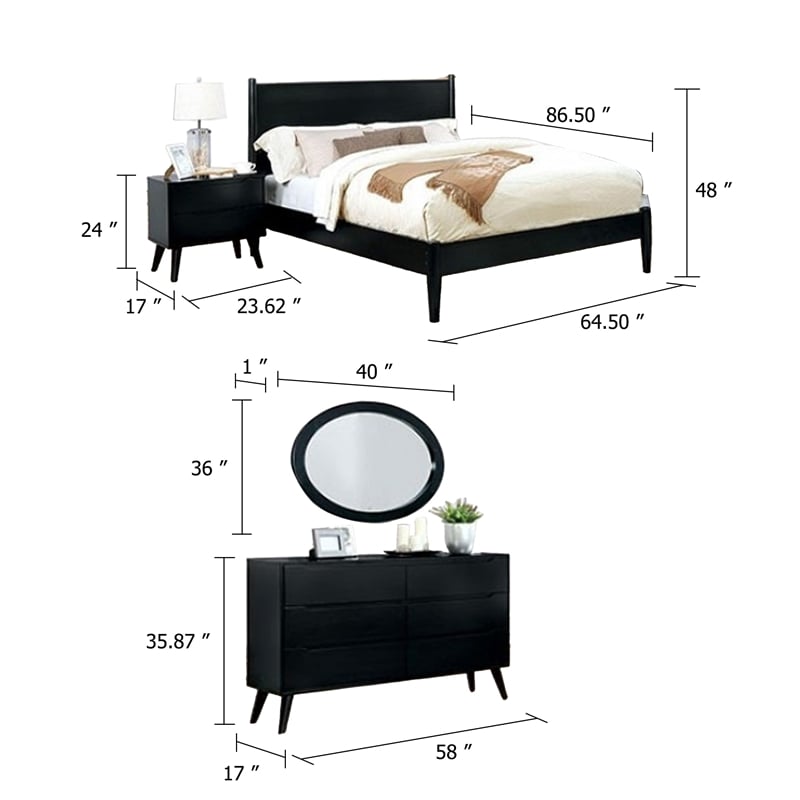 Leyla 4pc Queen Bedroom Set- Dresser with Oval Mirror- Black Wood
