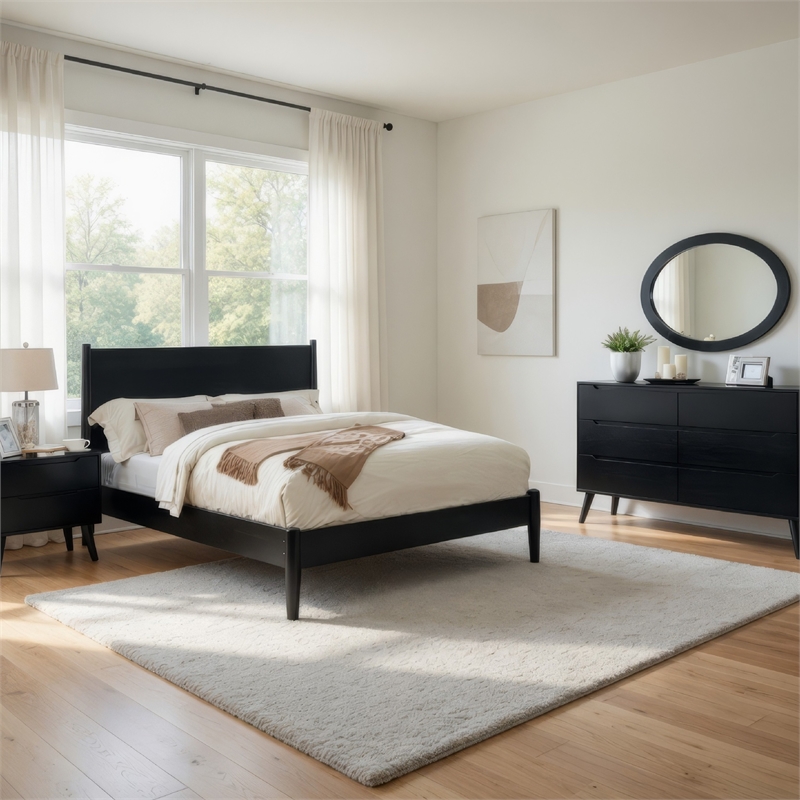 Leyla 4pc Queen Bedroom Set- Dresser with Oval Mirror- Black Wood
