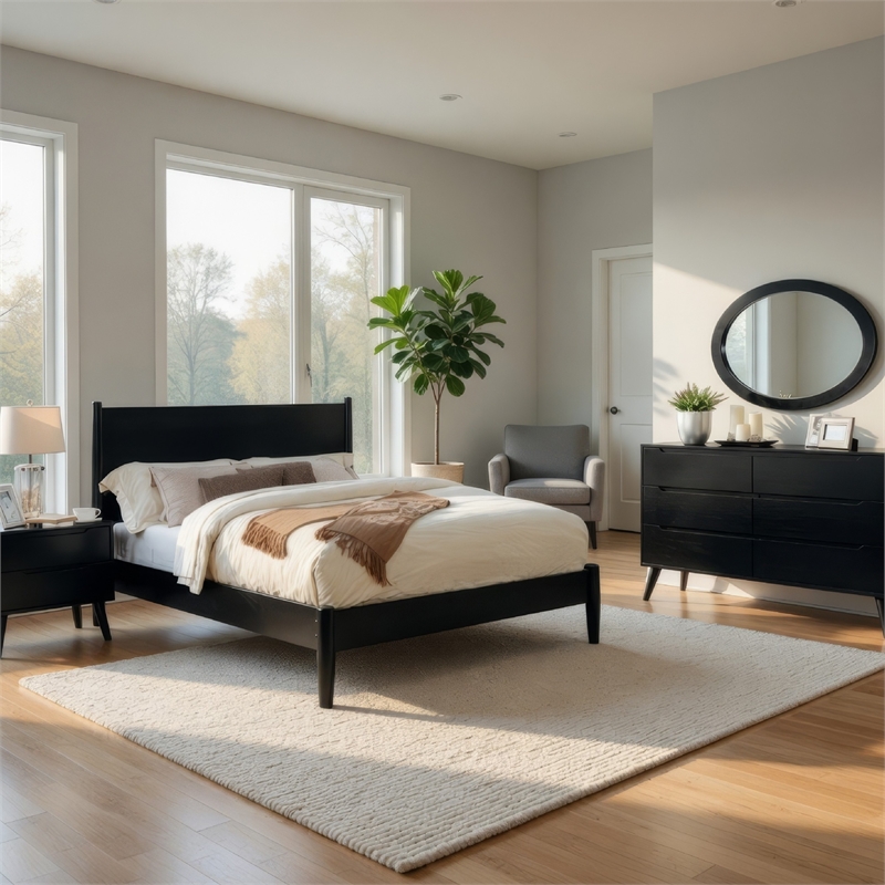 Leyla 4pc Queen Bedroom Set- Dresser with Oval Mirror- Black Wood