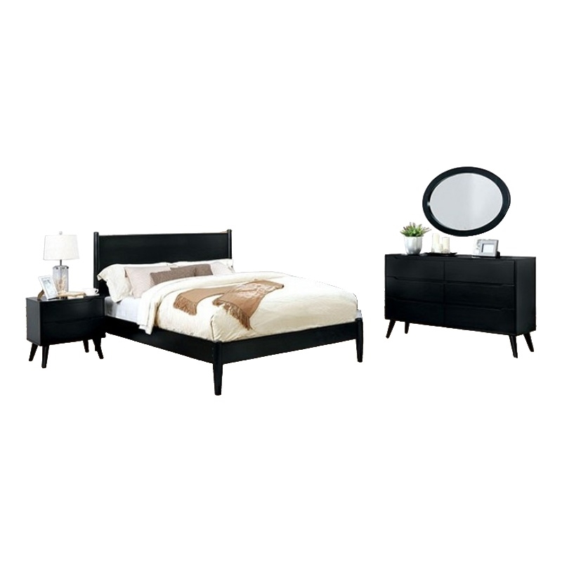 Leyla 4pc Queen Bedroom Set- Dresser with Oval Mirror- Black Wood