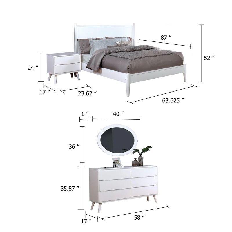 Leyla 4pc Queen Bedroom Set- Dresser with Oval Mirror- White Wood