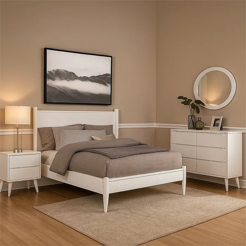 Leyla 4pc Queen Bedroom Set- Dresser with Oval Mirror- White Wood