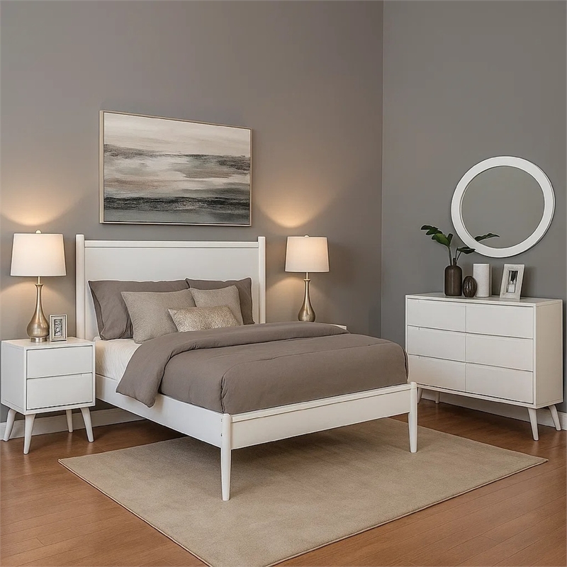 Leyla 4pc Queen Bedroom Set- Dresser with Oval Mirror- White Wood