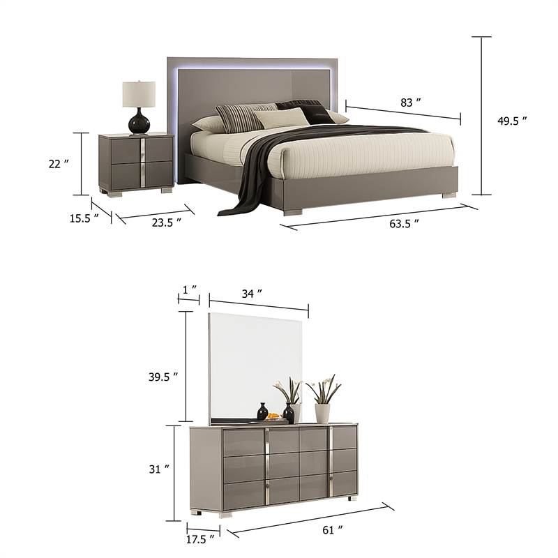 Suni 4pc Complete Queen Bedroom Set w LED Headboard- Light Taupe Gray