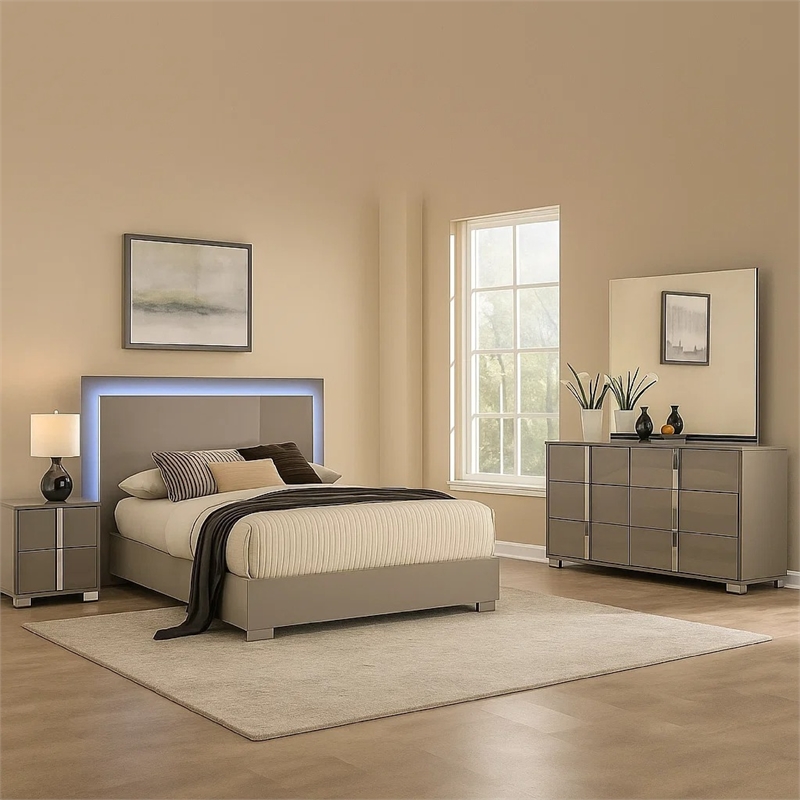 Suni 4pc Complete Queen Bedroom Set w LED Headboard- Light Taupe Gray