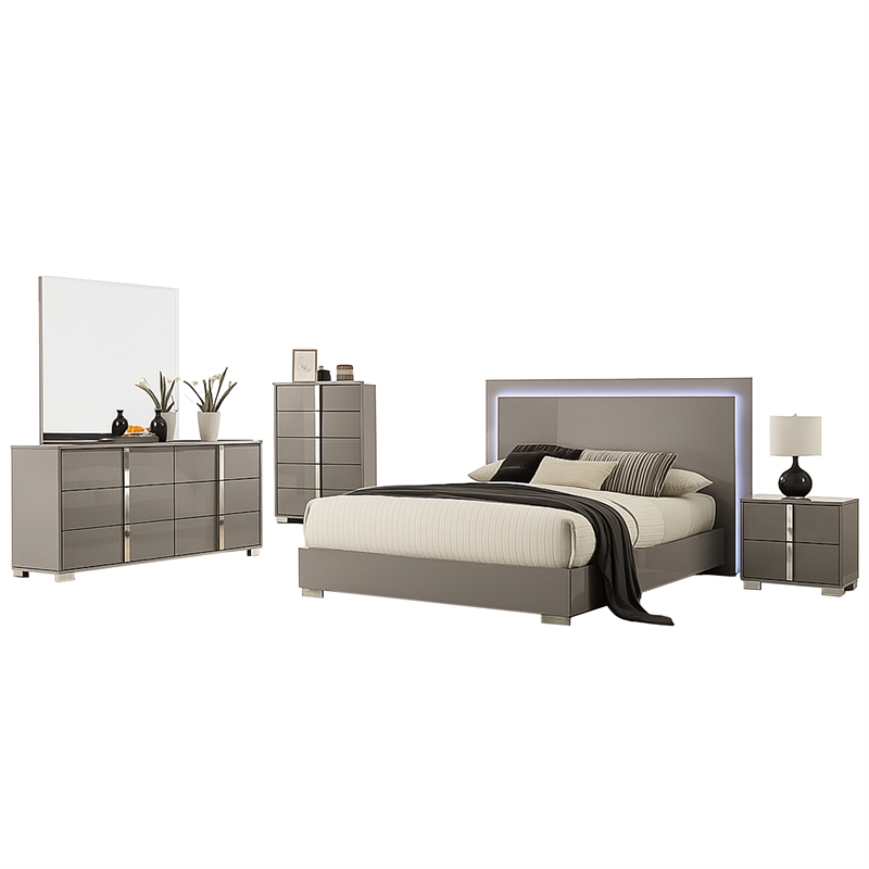 Suni 5pc Queen Bedroom Set w LED Headboard- Light Taupe Gray- Tall Dresser