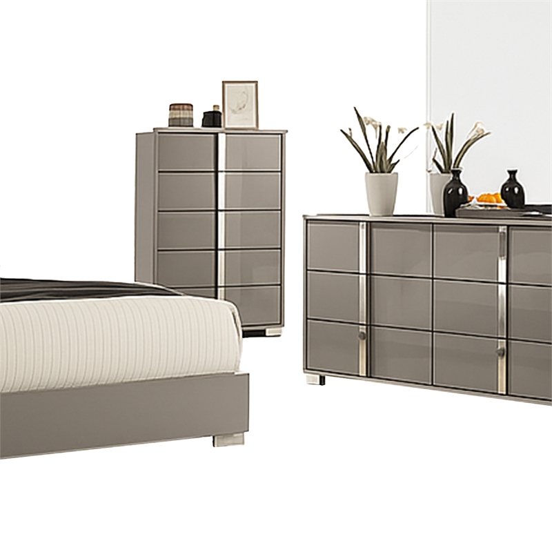 Suni 5pc Queen Bedroom Set w LED Headboard- Light Taupe Gray- Tall Dresser