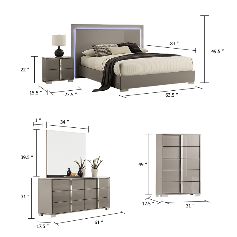Suni 5pc Queen Bedroom Set w LED Headboard- Light Taupe Gray- Tall Dresser