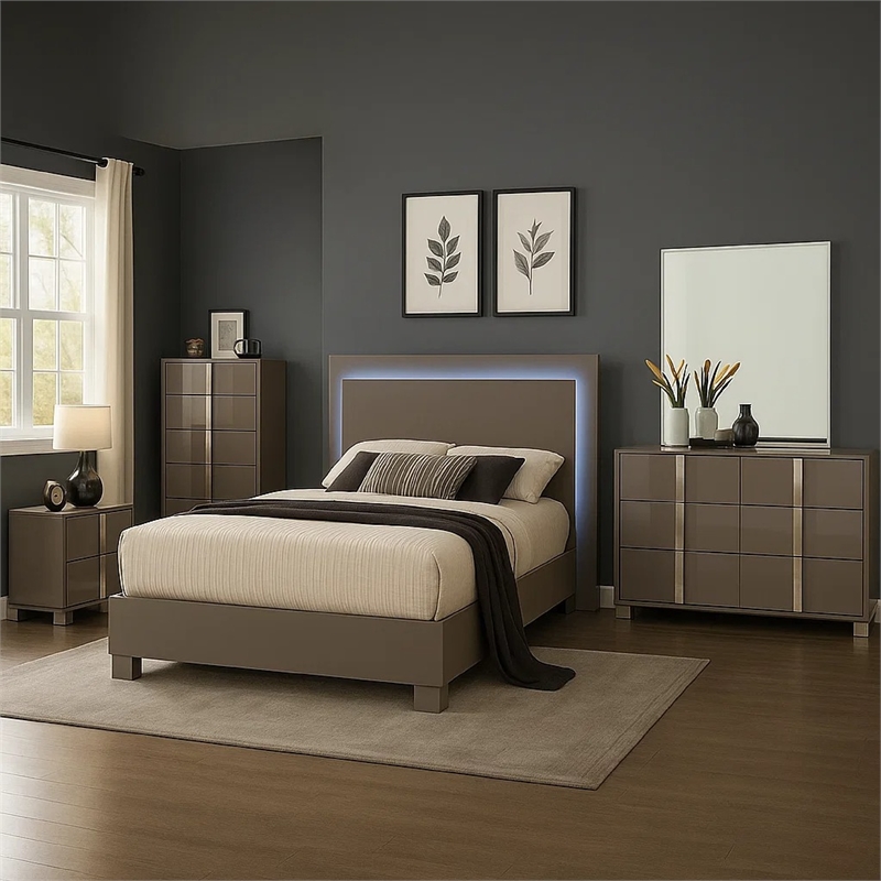 Suni 5pc Queen Bedroom Set w LED Headboard- Light Taupe Gray- Tall Dresser