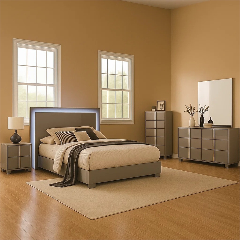 Suni 5pc Queen Bedroom Set w LED Headboard- Light Taupe Gray- Tall Dresser