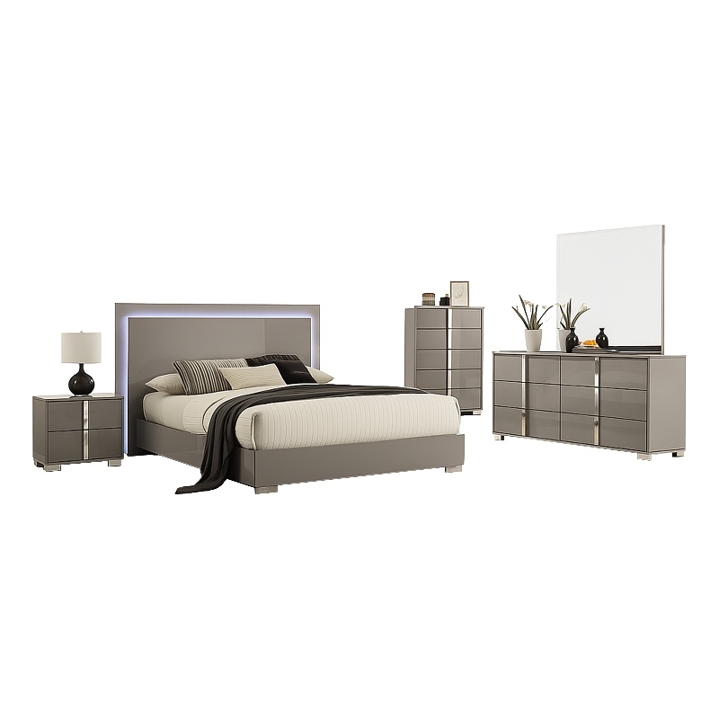 Suni 5pc Queen Bedroom Set w LED Headboard- Light Taupe Gray- Tall Dresser