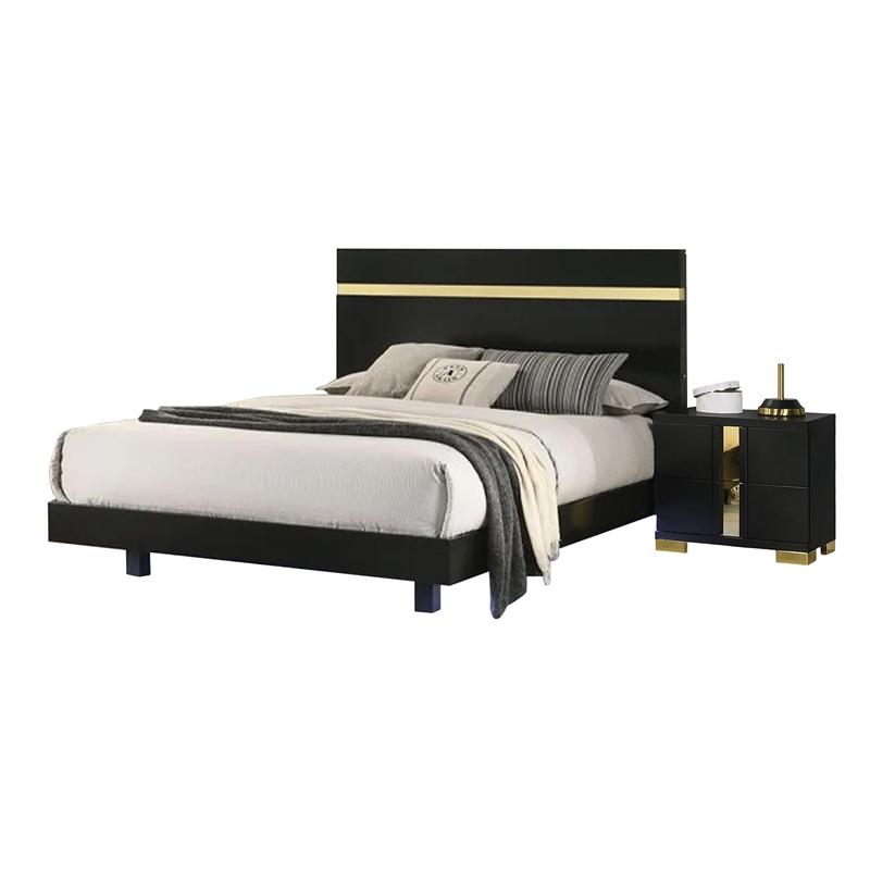 Yoki 5pc Queen Bedroom Set w Underbed LED- Black and Gold- 2 Nightstands