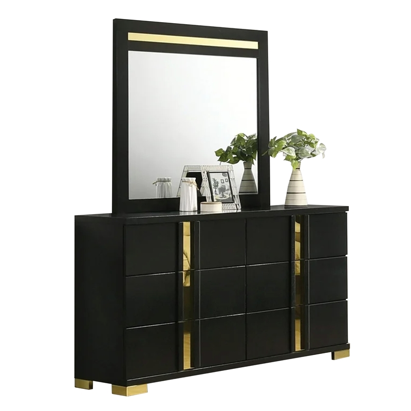 Yoki 5pc Queen Bedroom Set w Underbed LED- Black and Gold- 2 Nightstands