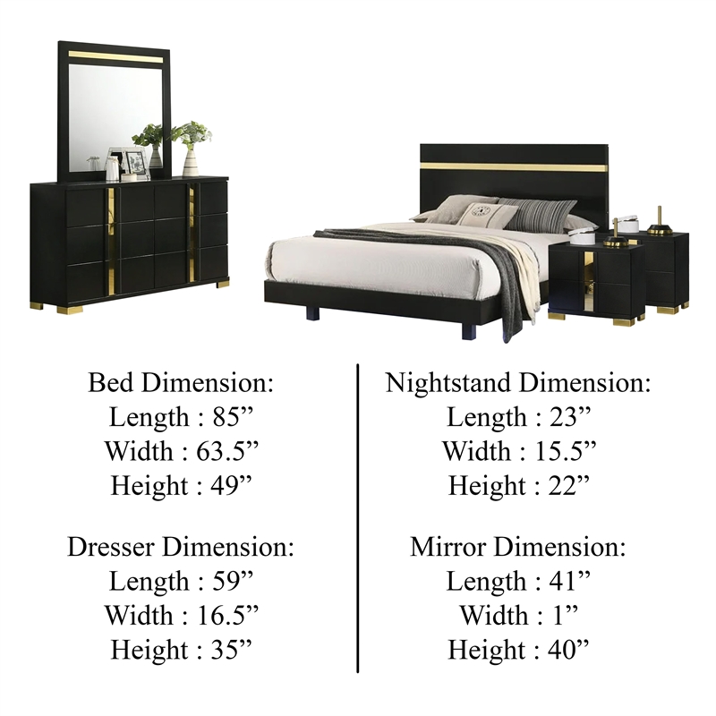 Yoki 5pc Queen Bedroom Set w Underbed LED- Black and Gold- 2 Nightstands