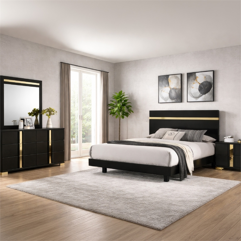 Yoki 5pc Queen Bedroom Set w Underbed LED- Black and Gold- 2 Nightstands