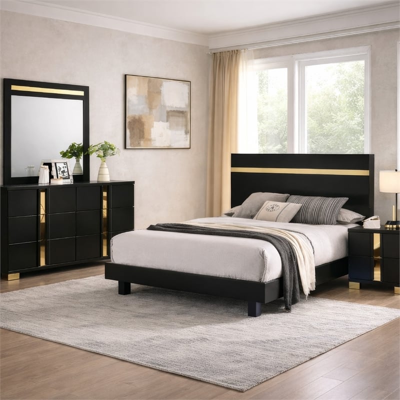 Yoki 5pc Queen Bedroom Set w Underbed LED- Black and Gold- 2 Nightstands