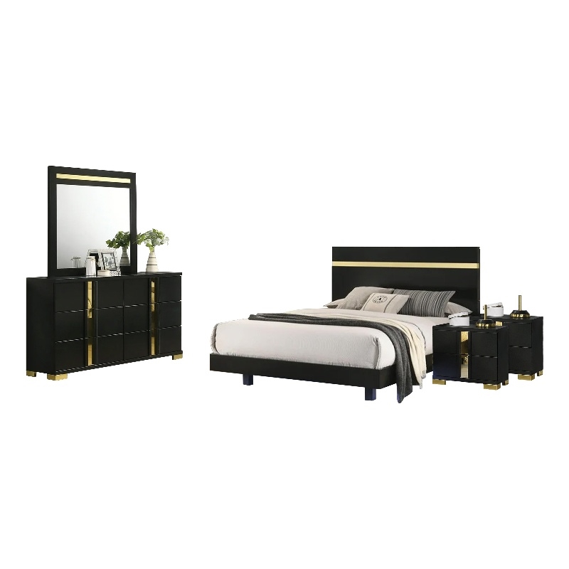 Yoki 5pc Queen Bedroom Set w Underbed LED- Black and Gold- 2 Nightstands