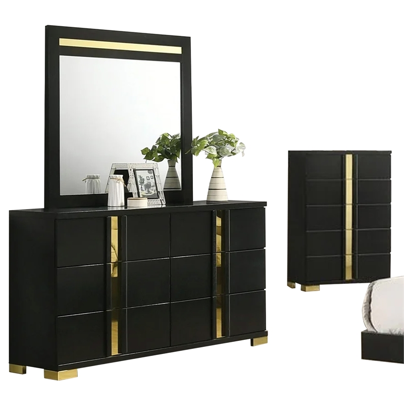 Yoki 5pc Queen Bedroom Set w Underbed LED- Black and Gold- Tall Dresser
