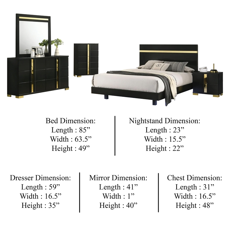 Yoki 5pc Queen Bedroom Set w Underbed LED- Black and Gold- Tall Dresser
