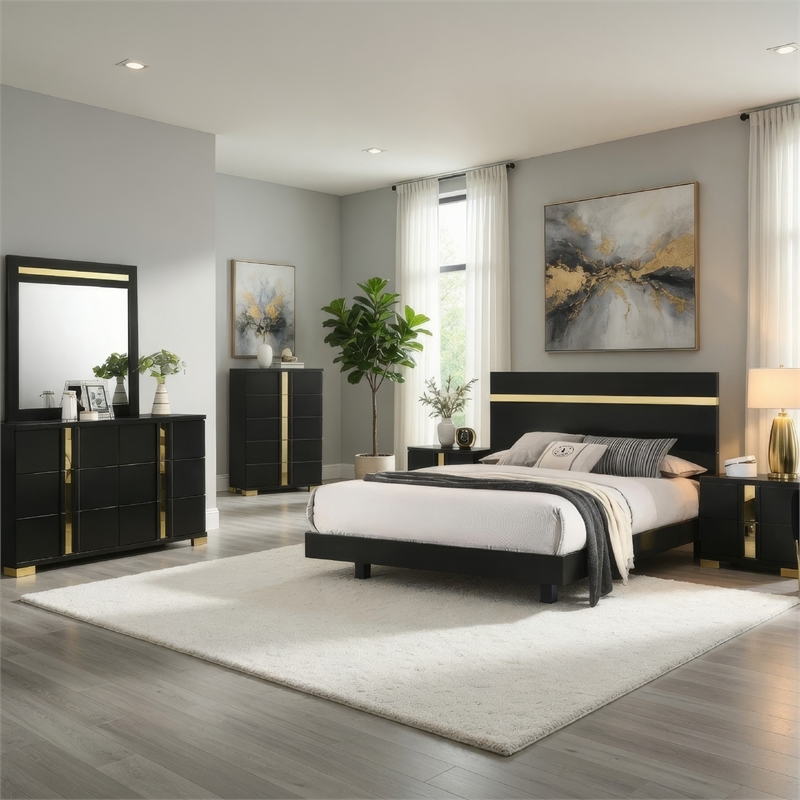Yoki 5pc Queen Bedroom Set w Underbed LED- Black and Gold- Tall Dresser