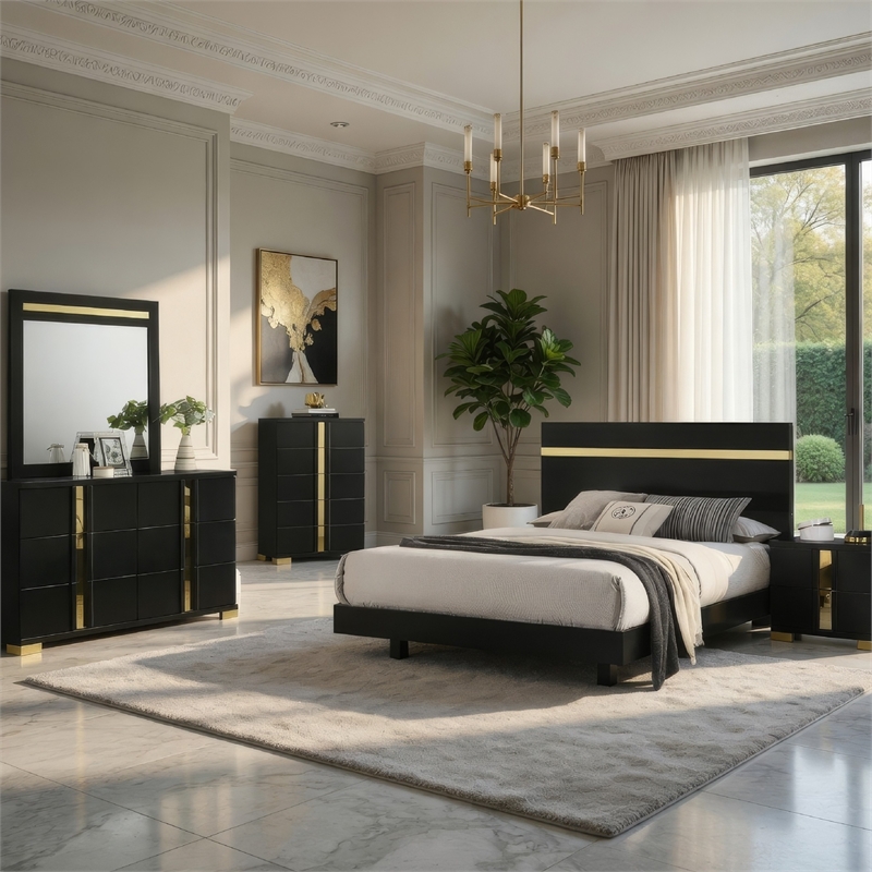 Yoki 5pc Queen Bedroom Set w Underbed LED- Black and Gold- Tall Dresser