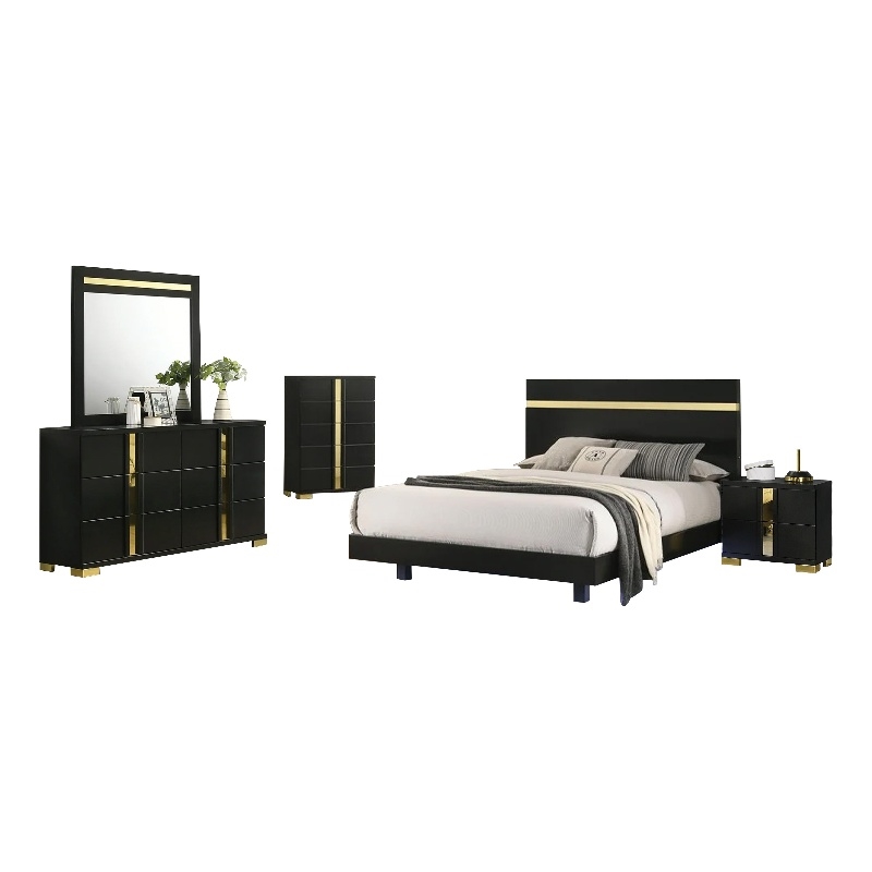 Yoki 5pc Queen Bedroom Set w Underbed LED- Black and Gold- Tall Dresser