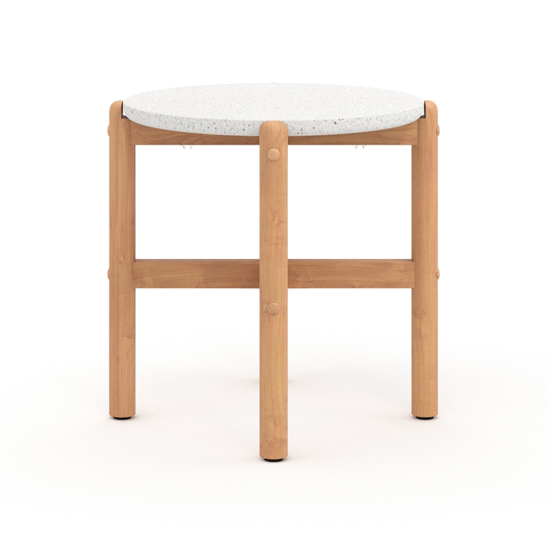 Scy Patio Side End Table- 19 Inch White Terrazzo Top- Natural Brown