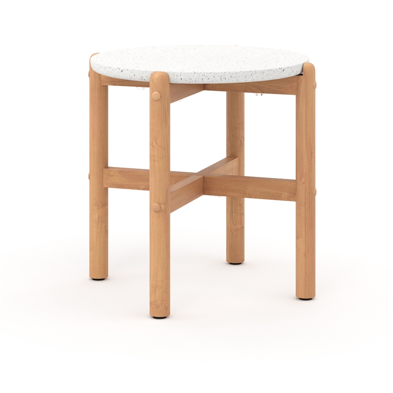 Scy Patio Side End Table- 19 Inch White Terrazzo Top- Natural Brown