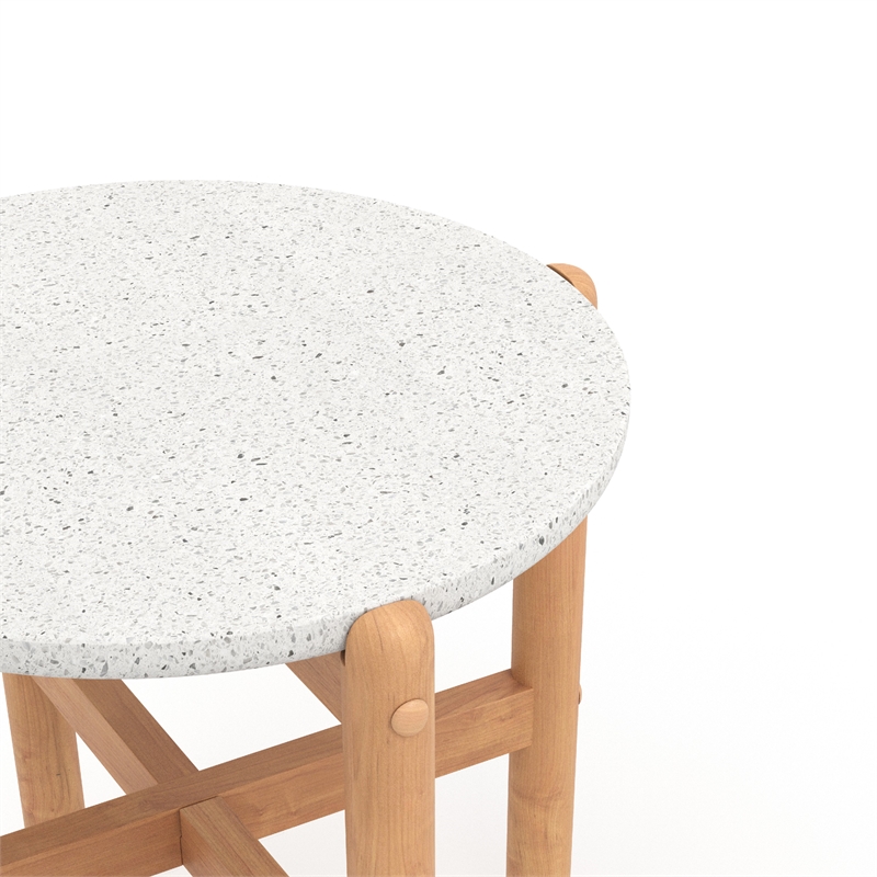 Scy Patio Side End Table- 19 Inch White Terrazzo Top- Natural Brown