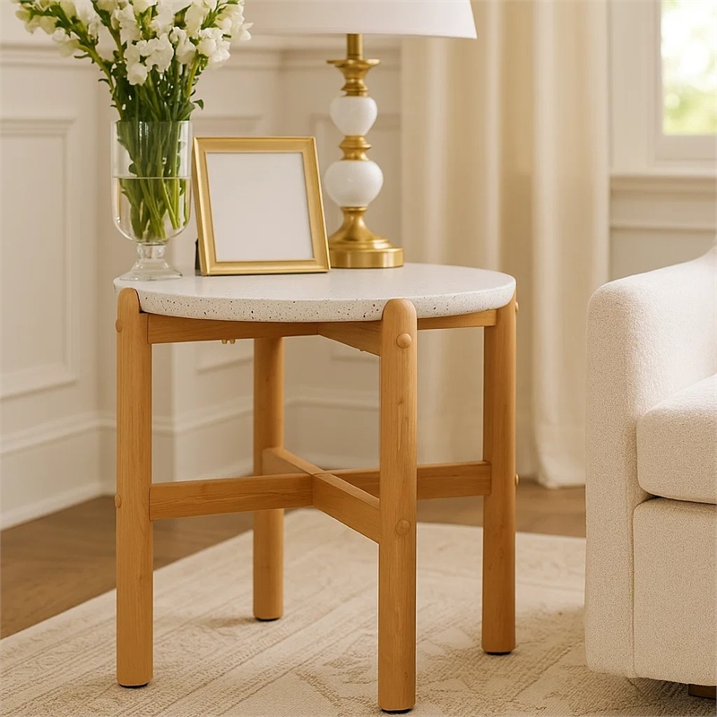 Scy Patio Side End Table- 19 Inch White Terrazzo Top- Natural Brown