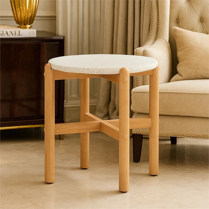 Scy Patio Side End Table- 19 Inch White Terrazzo Top- Natural Brown