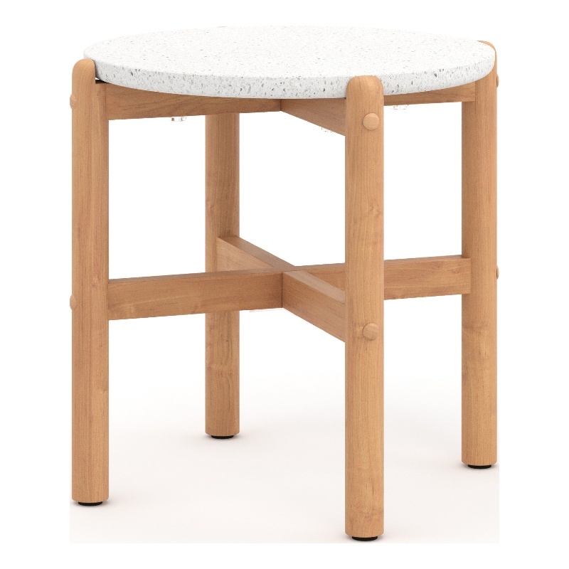 Scy Patio Side End Table- 19 Inch White Terrazzo Top- Natural Brown
